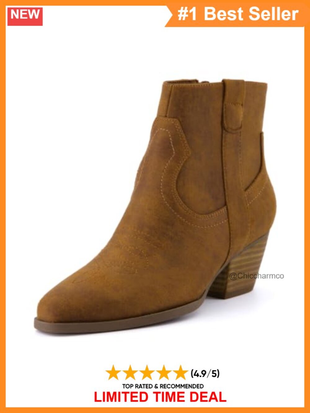 Vegan Leather Pointed Toe Western Ankle Booties with Block Heel
